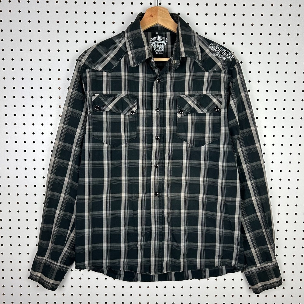 Southpole Plaid Long Sleeve Button Shirt Sz Medium Y2K Skate Grunge Black Script